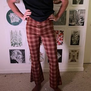 brown and tan plaid flare pants